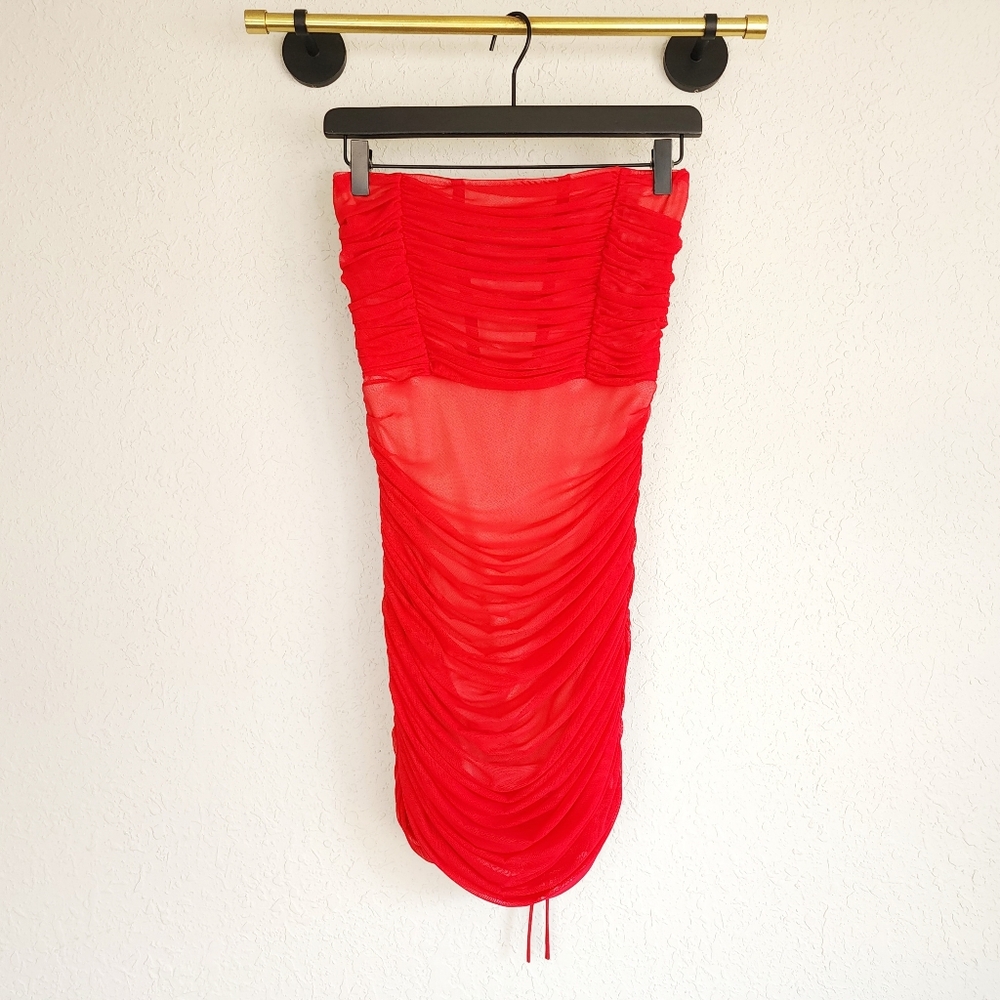 Lucy In The Sky L Red Ruched Mesh Corset Bodycon Lace Up Back Pull On Mini Dress